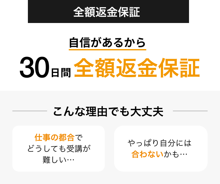 全額返金保証 満足できなければ無条件で30日間全額保証